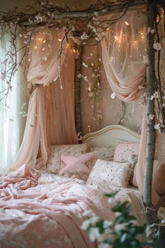 Dried flower and sheer pink canopy over the bed