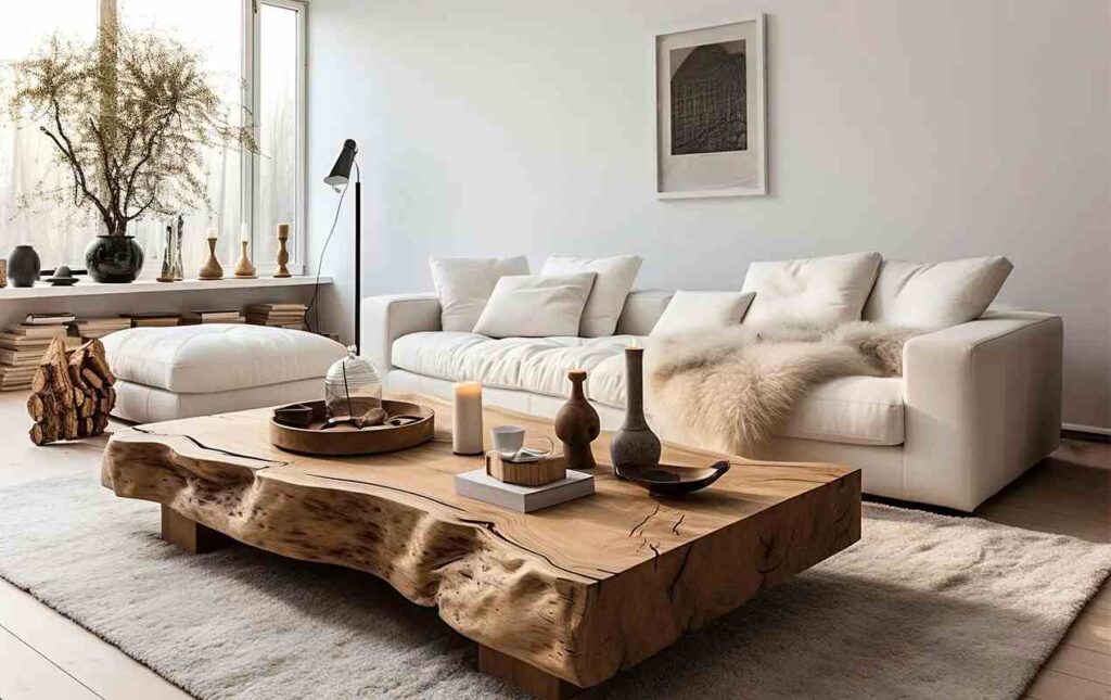 A white sofa and a driftwood coffee table and decor items placed on it 