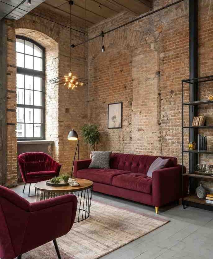 Burgundy sofa with a cage design wooden table and a brick wall