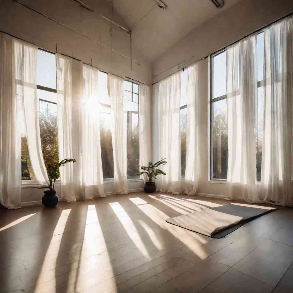 Floor length sheer curtains on yoga room with a yoga mat on floor