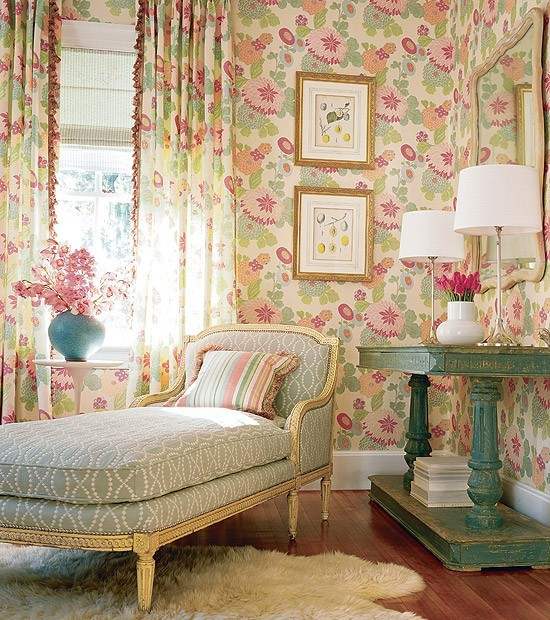Flower print pink and green color wallpaper with a blue color bench