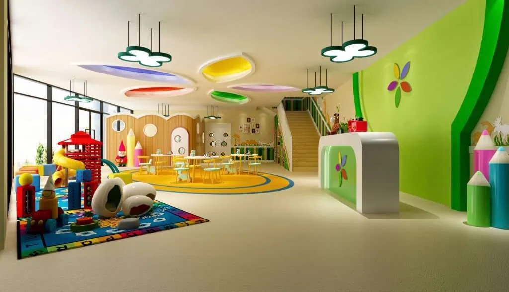 Yellow mat and table and chair on it and a green wall for the daycare