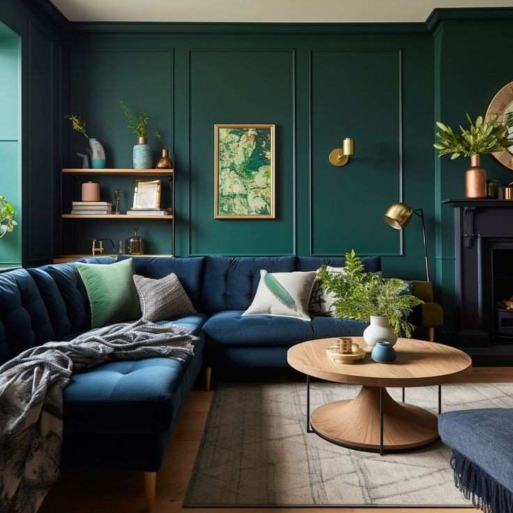 Dark green French wall panelling and a dark teal sofa
