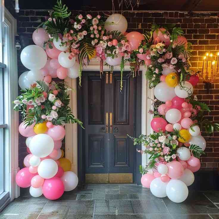 Balloon and flower mixed garland decoration on entry way