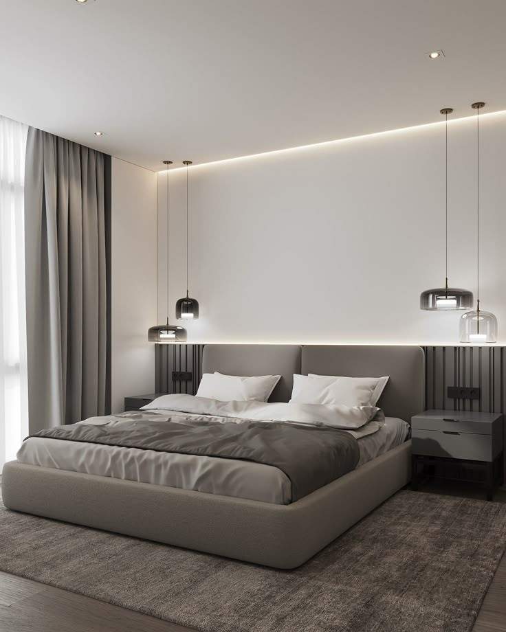 Glass made two bedside pendent lamp and a dark grey bed frame