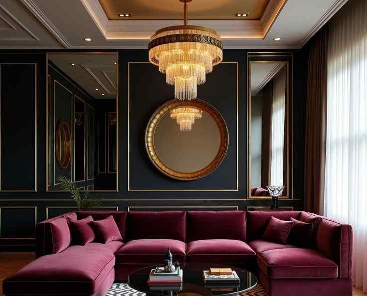 Glass made golden color statement ceiling light and a burgundy sofa with a black wall mirror accent
