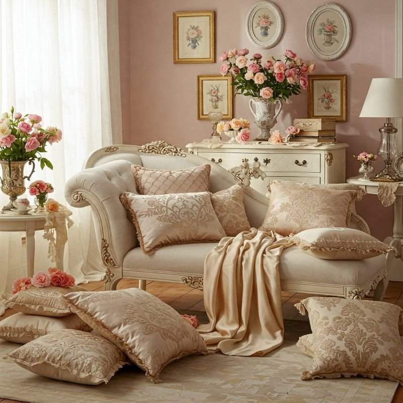 Golden and cream throw pillow and a satin throw blanket on bench
