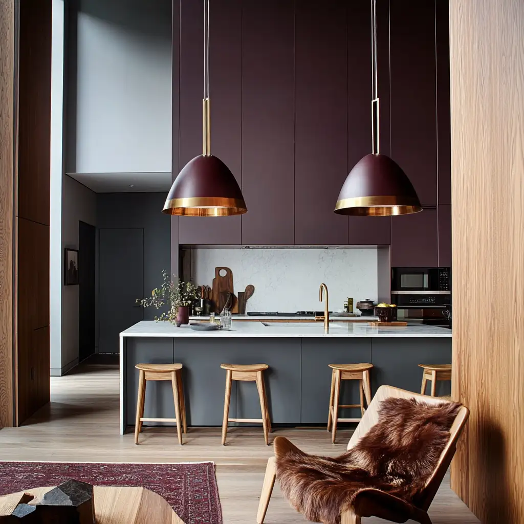 Two burgundy color ceiling lamp with golden lined and a wooden wall panelling