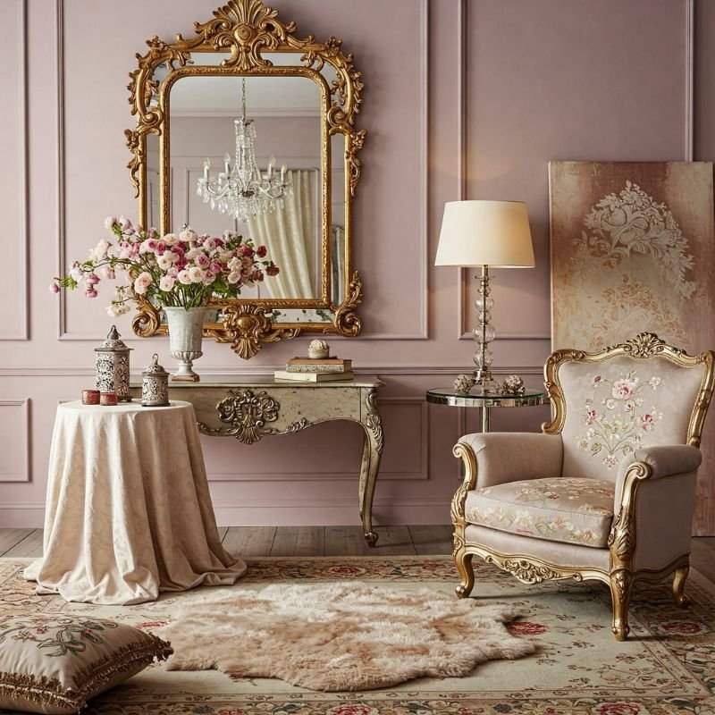 Pink wall and a golden color ornate mirror with a golden console underneath it and a armchair