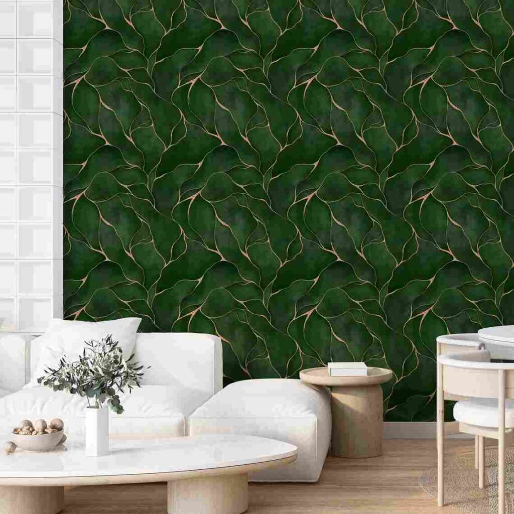 Green and golden color mix wallpaper and a white sofa with a table