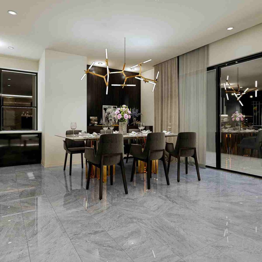Grey marble tile strip flooring and black chair and wooden table dining room