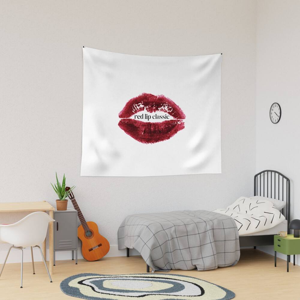 Iconic red lipstick white tapestry on wall and a bed and a side wooden table with a guitar 