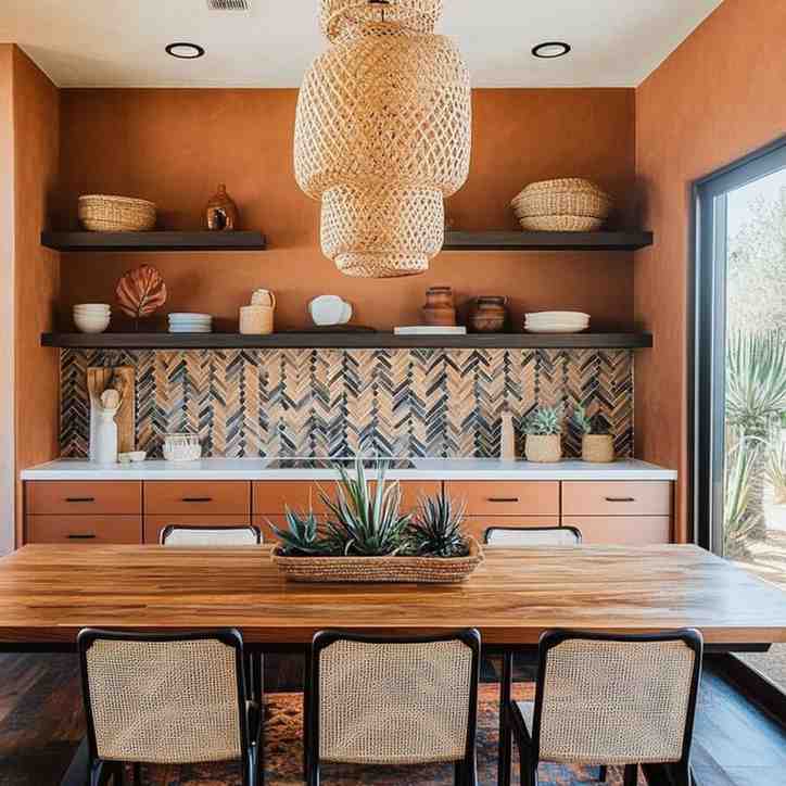 Jute ceiling lamp and chair with terracotta kitchen wall