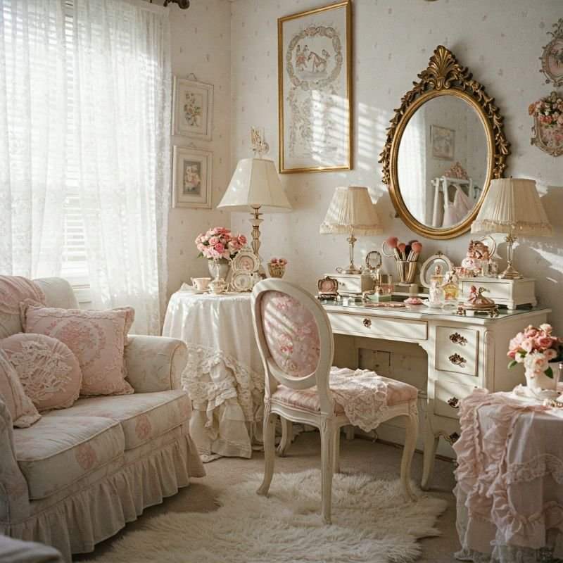 Pink and lace accent in room on chair and table