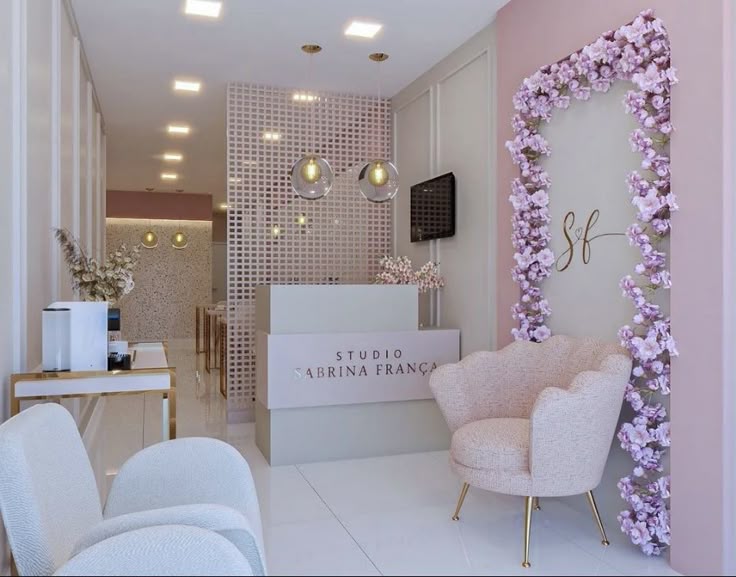 Pink and purple color theme lash studio reception 