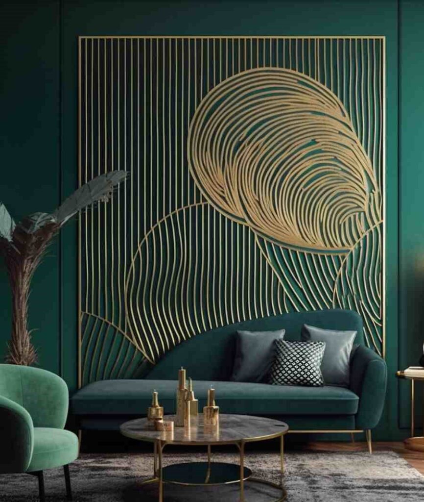 Green sofa and a golden stripped grid design on green wall