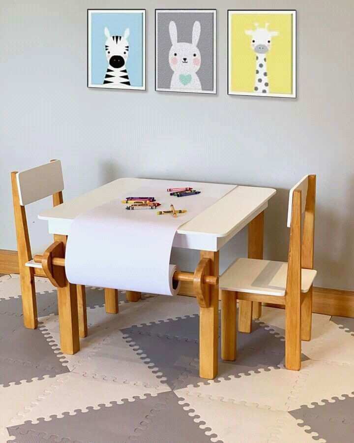 Mini wooden and white color table and chair for toddler and baby room