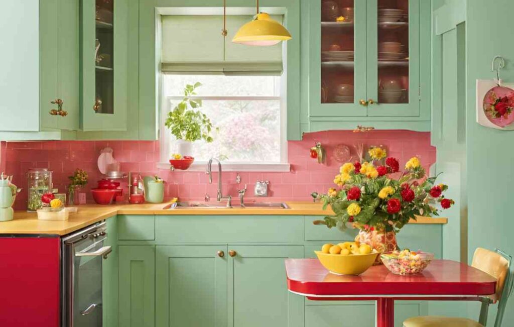 Pink table and kitchen tiles with mint green kitchen cabinet