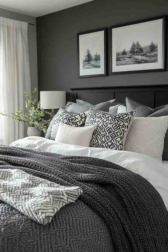 Patterned monochrome style bedding and dark gray bed frame