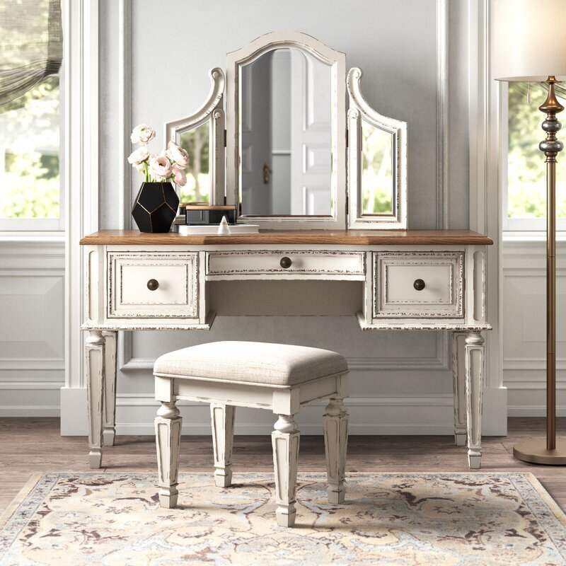Wooden white color vintage vanity table and bench