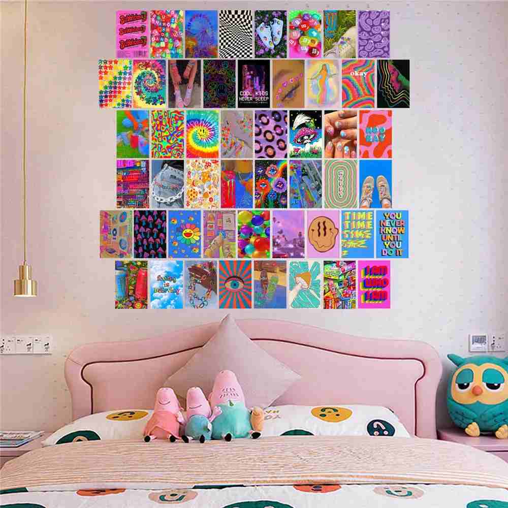 Neon poster wall collage and a pink bed frame
