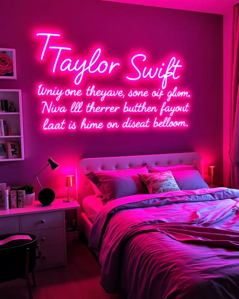 Neon taylor swift sign with it lyric in pink and a bed