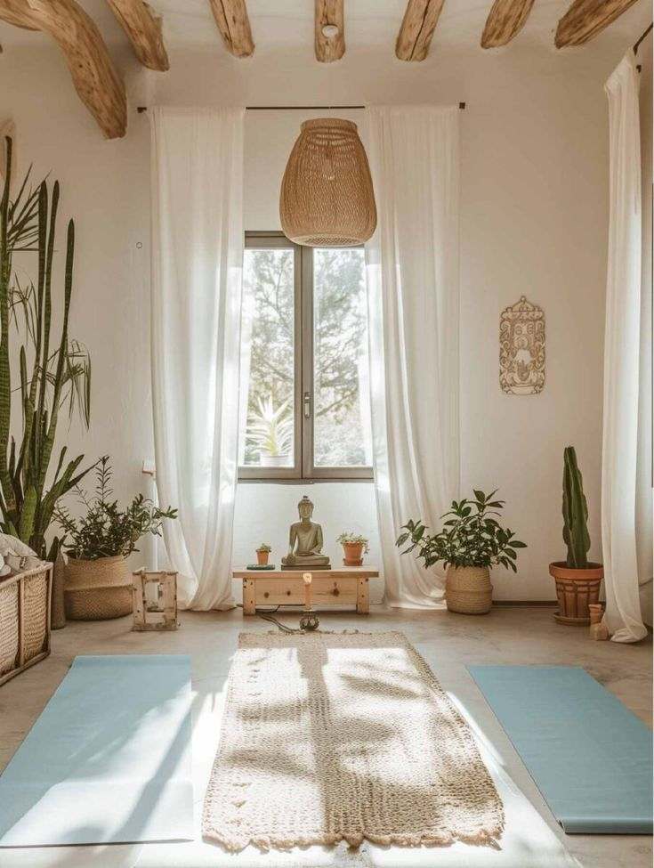 Wooden beams with white walls and rug on floor with a buddha statue placed on a wooden cabinet