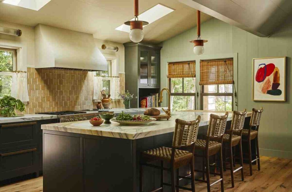 Olive green walls and Graphite color kitchen counter