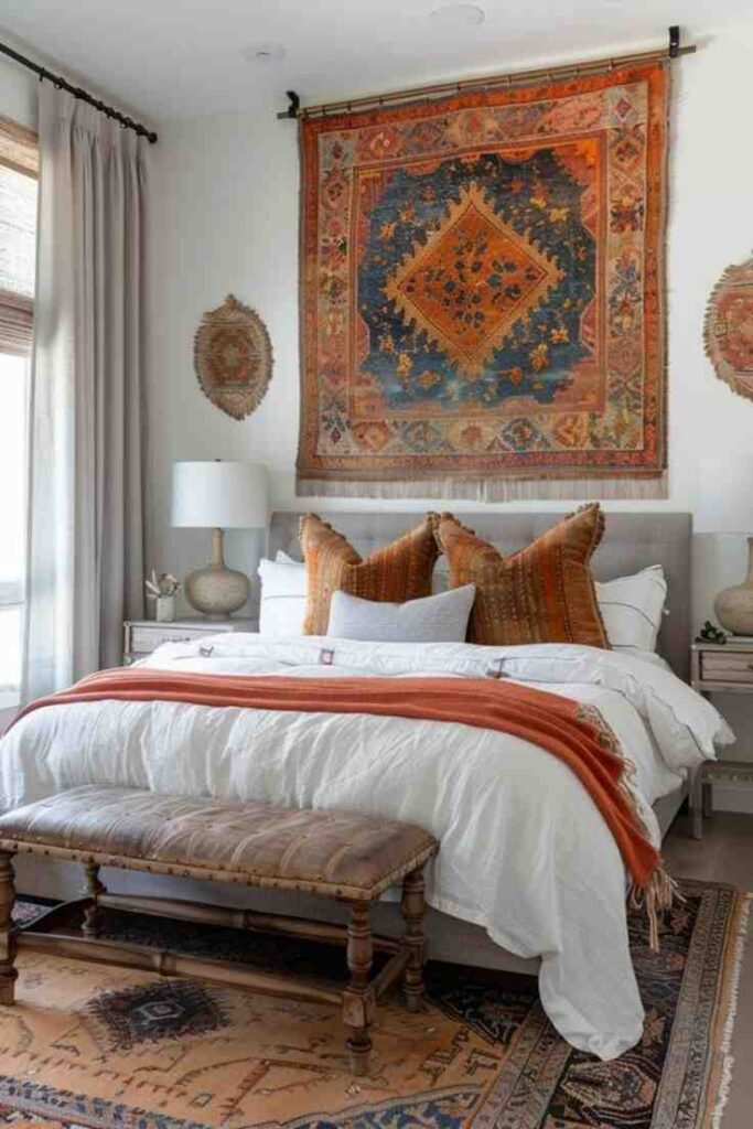 Orange and grey color mix tapestry on wall and a wooden bench in front of it