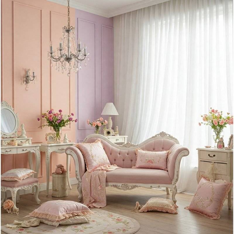 Pastel color French wall panelling and a pink bench with throw pillows and two side console