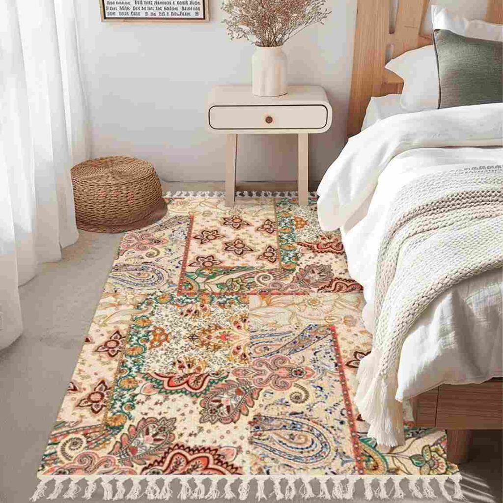 Patchwork floral pattern under the bed and a jute basket at side