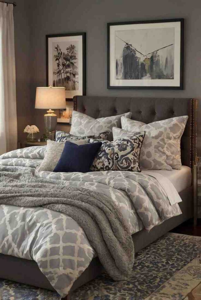 Patterned bedsheet and throw pillows and a art frame hanging above it