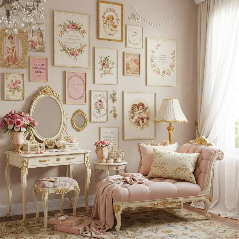 Pink and white poster wall with golden frames on wall