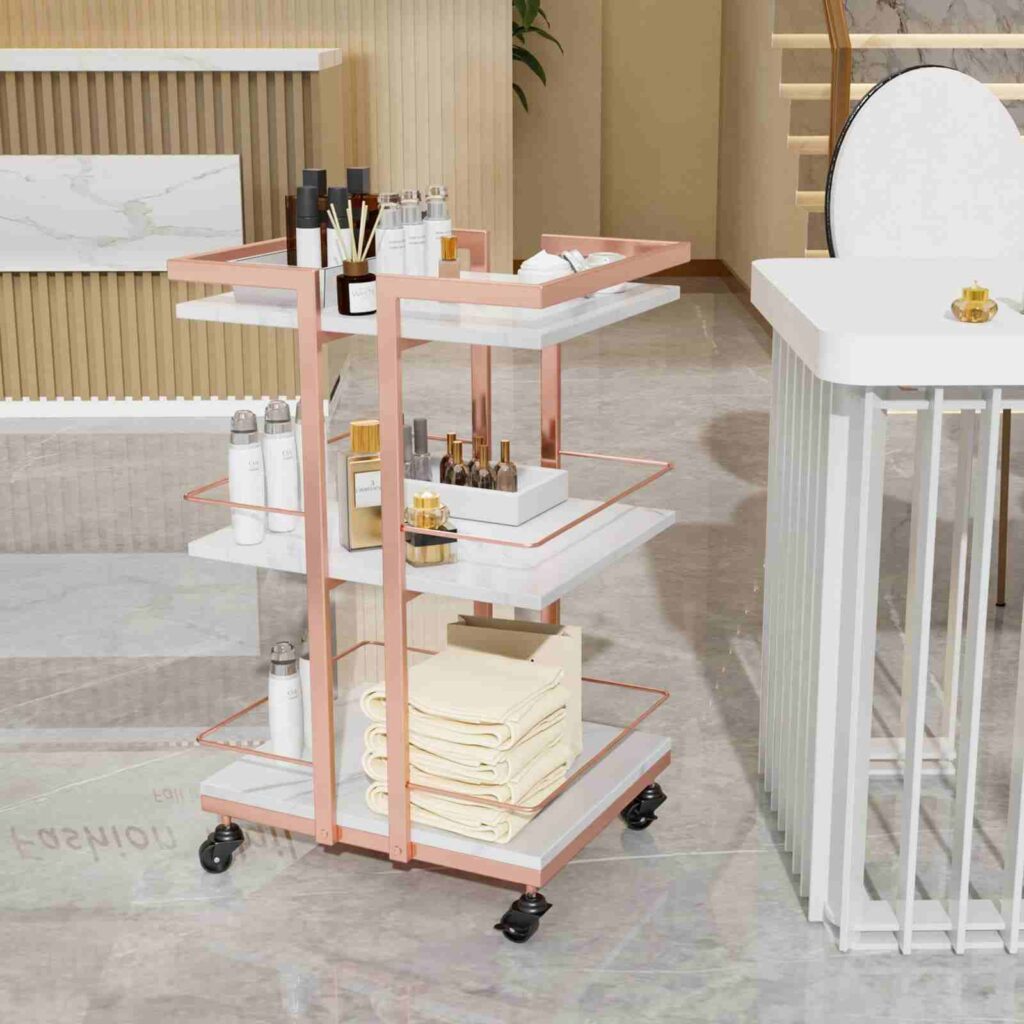 Pink frame trolley filled with lash items