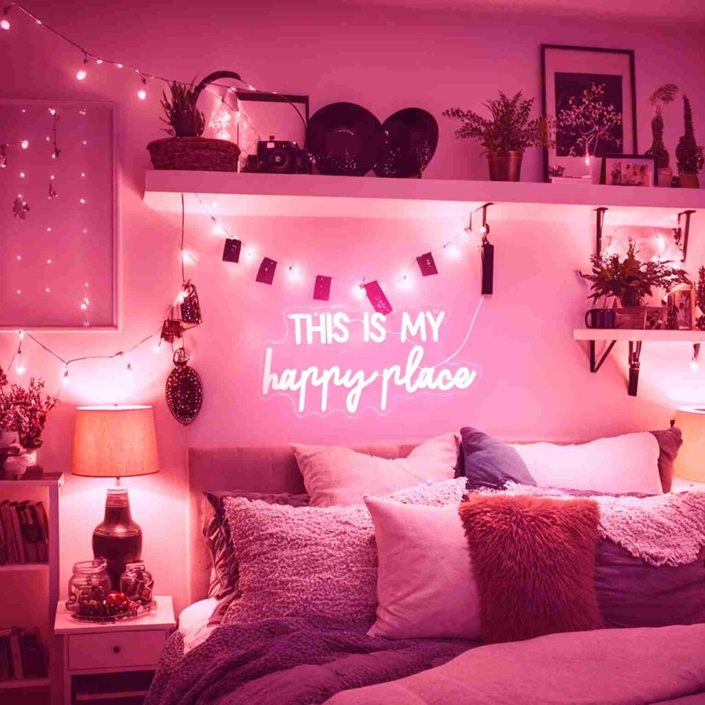 Floating shelves and a pink neon sign above the bed