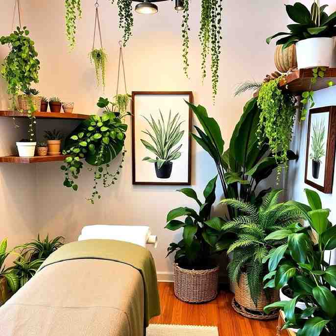 Plants in lash room and a bed in center