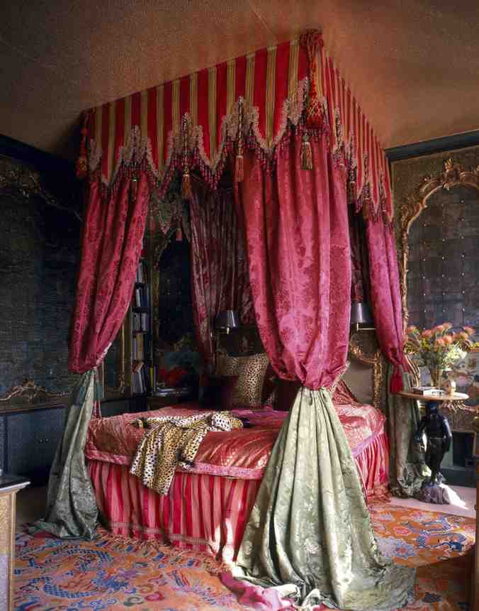 Red and mint green velvet canopy and red color duvet bed set