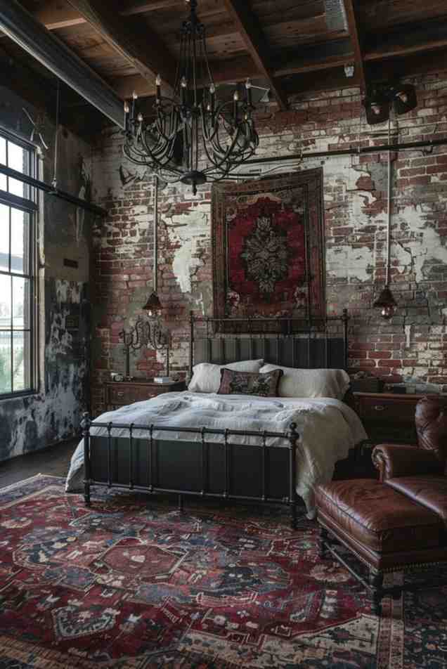 Red carpet and a black bed frame against exposed brick accent wall and a brown leather armchair