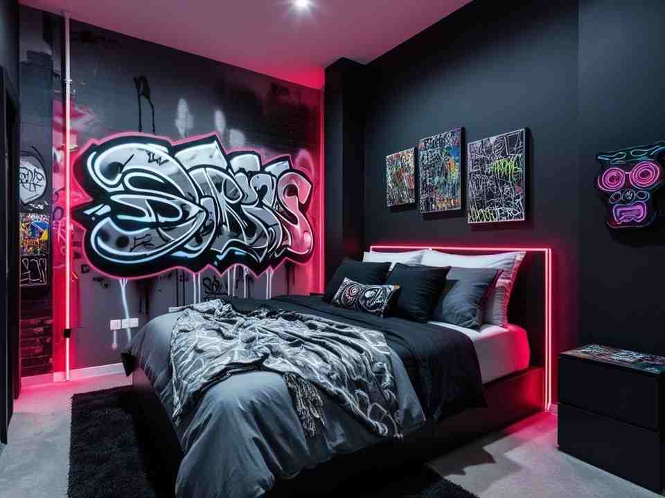 Red neon on wall and bed frame in Hypebeast theme room