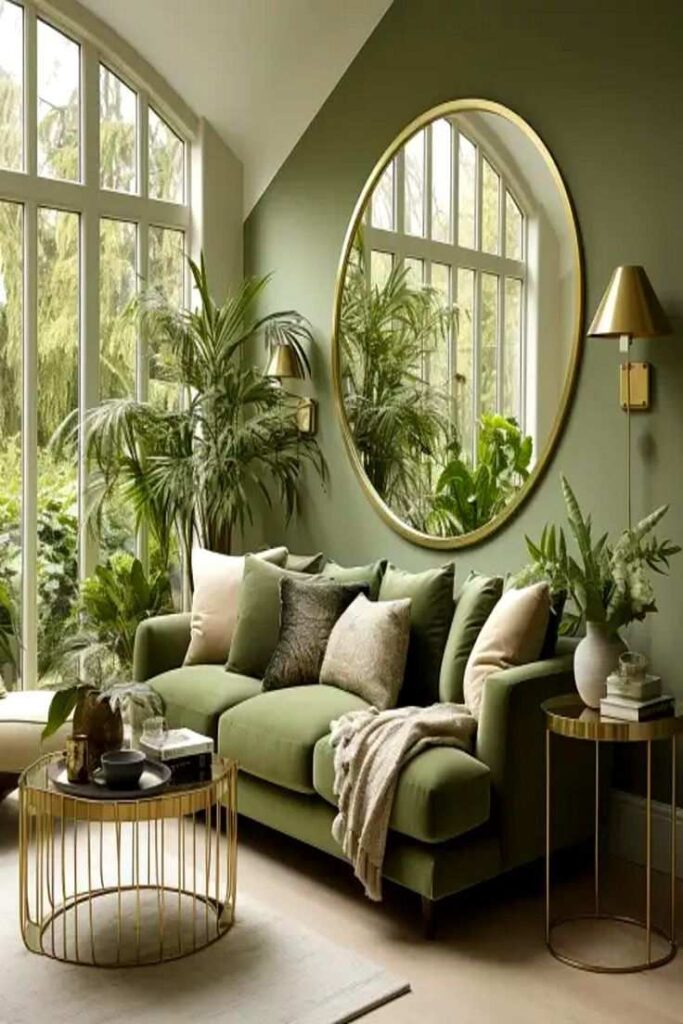 Golden frame round mirror above the green sofa