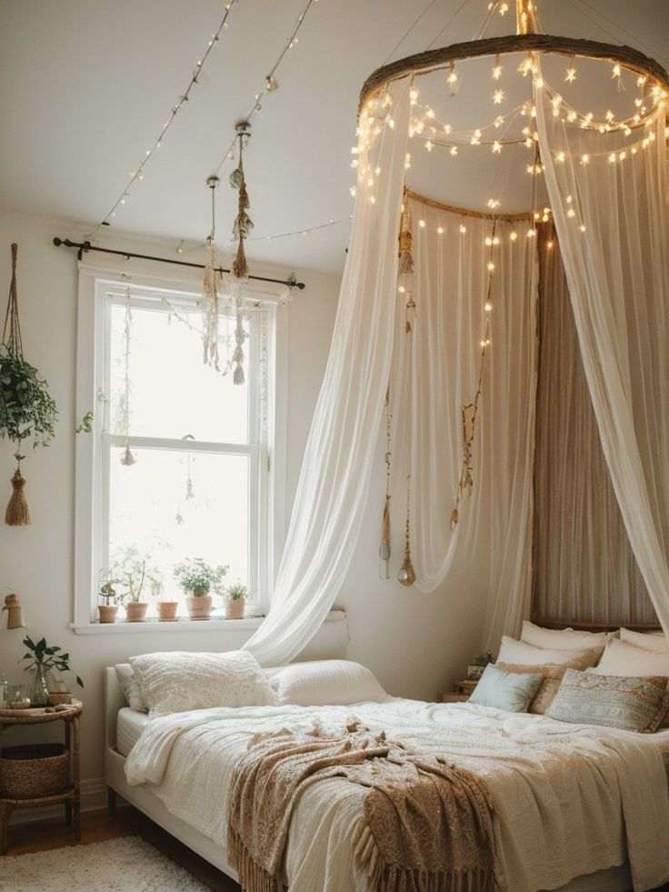 Sheer curtain and fairy light canopy above the bed and a window