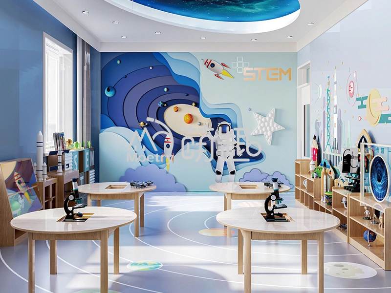 Space theme wallpaper and white four table and white flooring