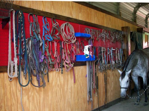 Red color pegboard on wooden wall for the tack room