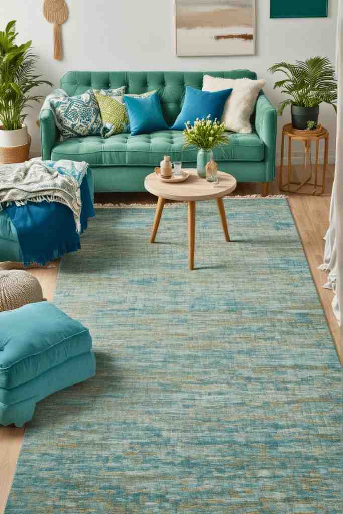 Green and teal accent rug with a wooden center table and a teal sofa