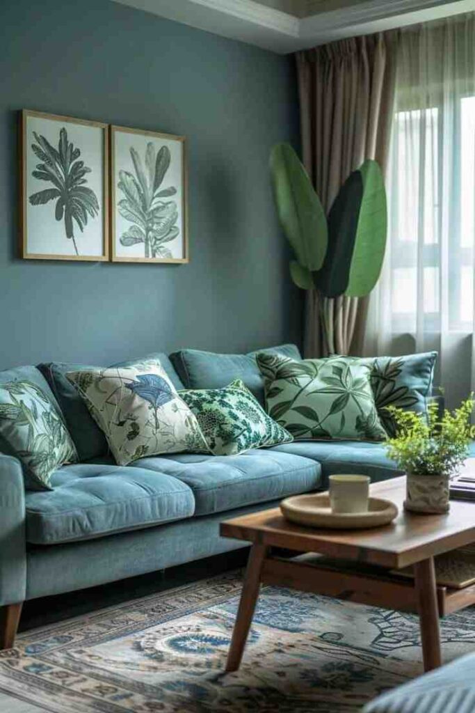 A wooden coffee table two indoor plants and teal sofa and wall painting