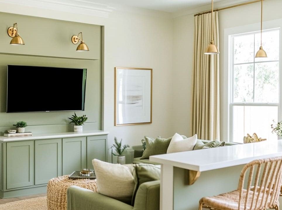 The-gold-pendant-lights-and-barstools-at-the-kitchen-counter-bridge-the-two-spaces