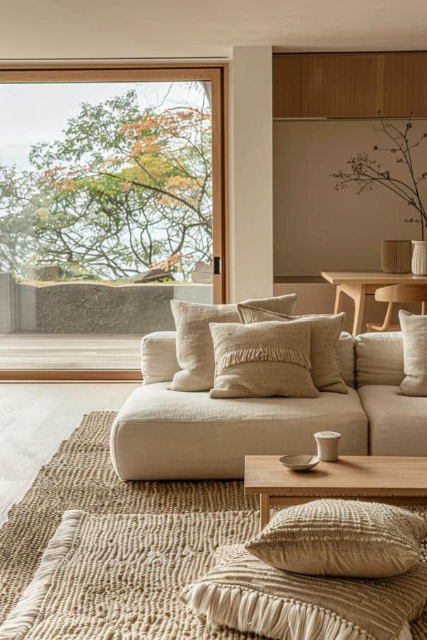 Throw pillows with texture on them and a rug under sofa