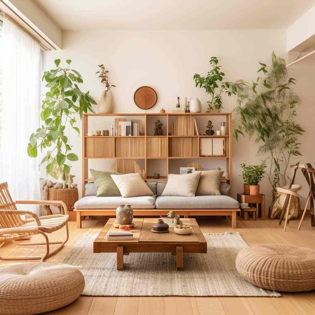 Two jute basket in living room and a wooden center table