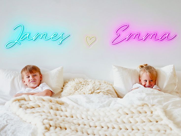 Two colorful neon name sign above the bed