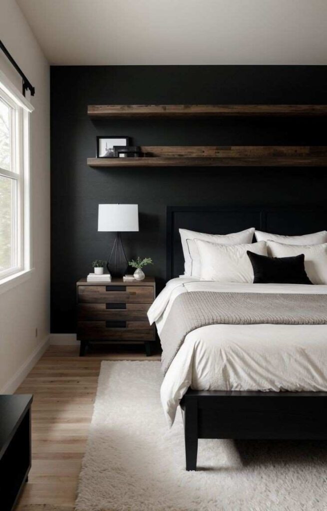 Two wooden shelve above the bed and white bedding